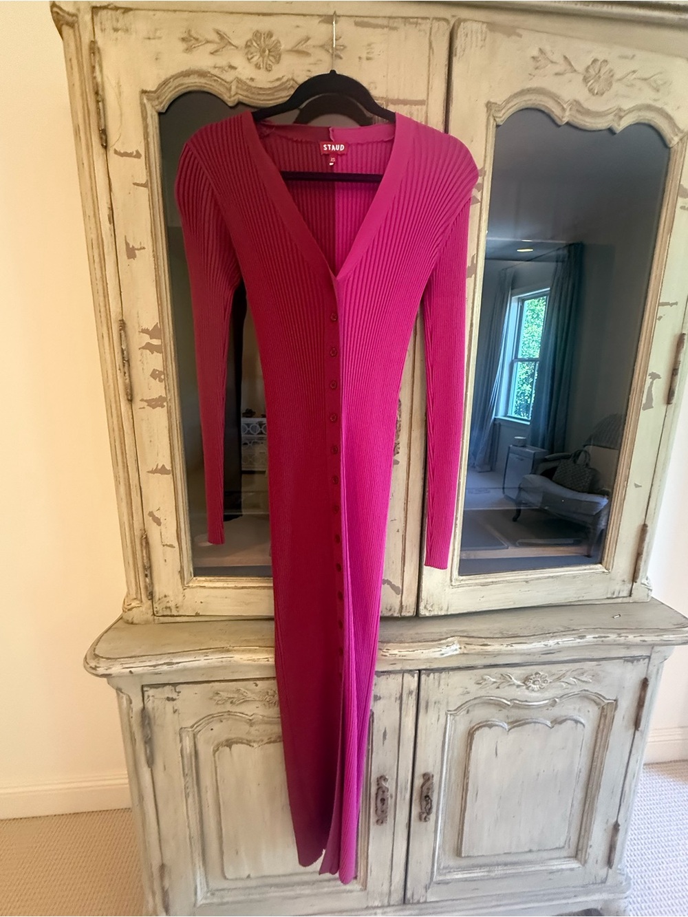 STAUD Magenta Ribbed Button-Front Long Sleeve Maxi Dress